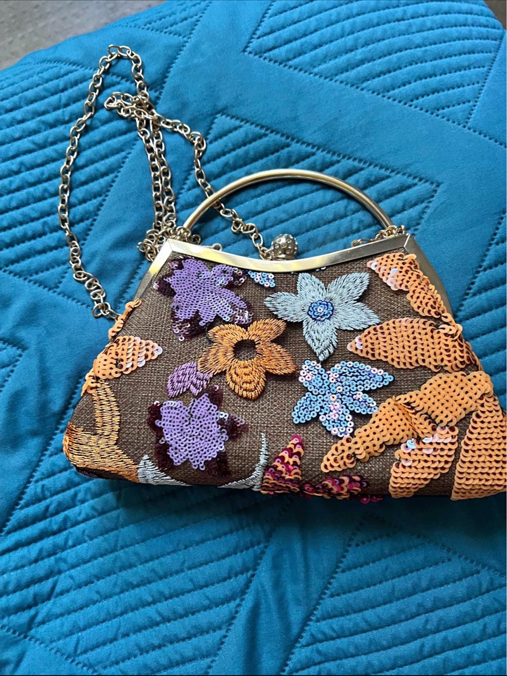 Embellished Floral Sequin Frame Bag in Brown and Orange